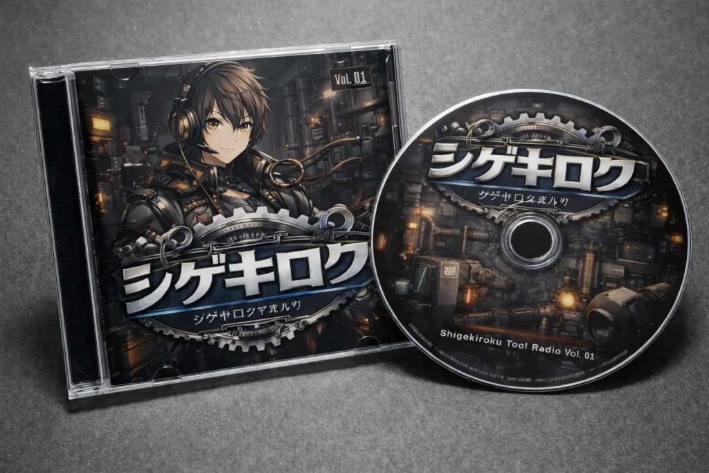 シゲキロクのロゴを入れたCDパッケージ風デザイン。男性キャラクターと工場風の背景を組み合わせたAI画像