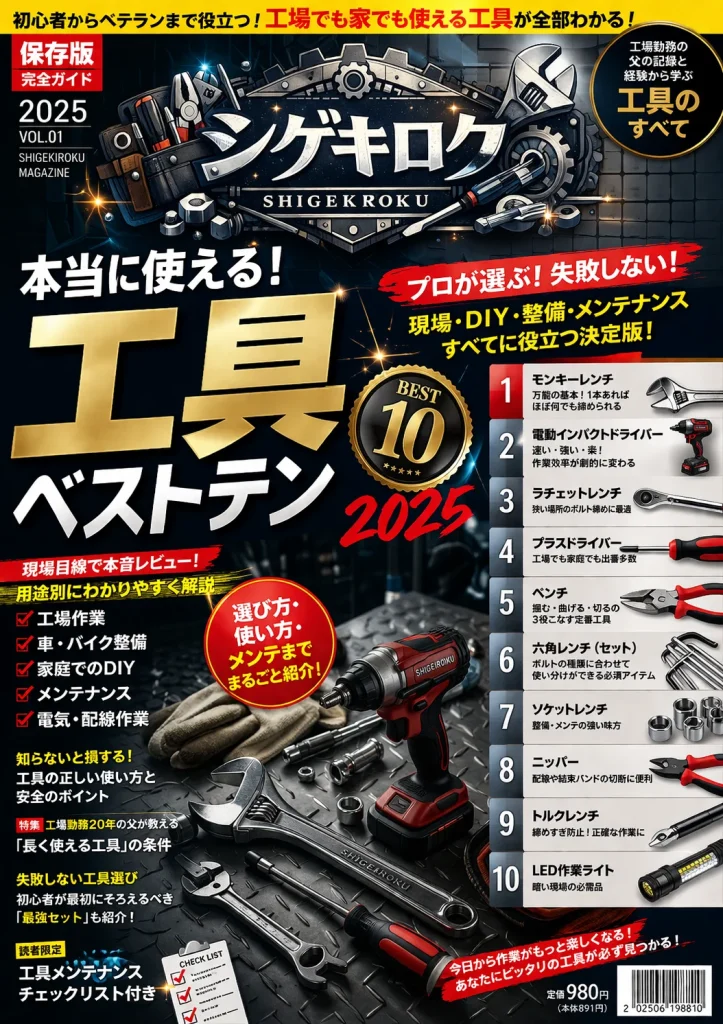 シゲキロクのロゴを上部に配置した、2025年版の工具雑誌風表紙デザイン。金色の大きな文字で工具ベストテン2025を強調し、工場作業やDIY向けの工具ランキングを紹介している。