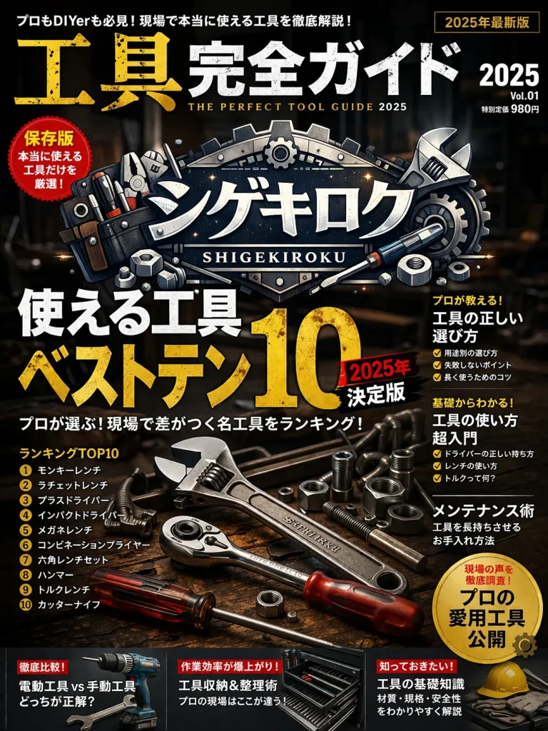 シゲキロクのロゴを中央に配置した、2025年版の工具雑誌風表紙デザイン。使える工具ベストテンや工具の選び方、使い方、メンテナンス術を特集している。