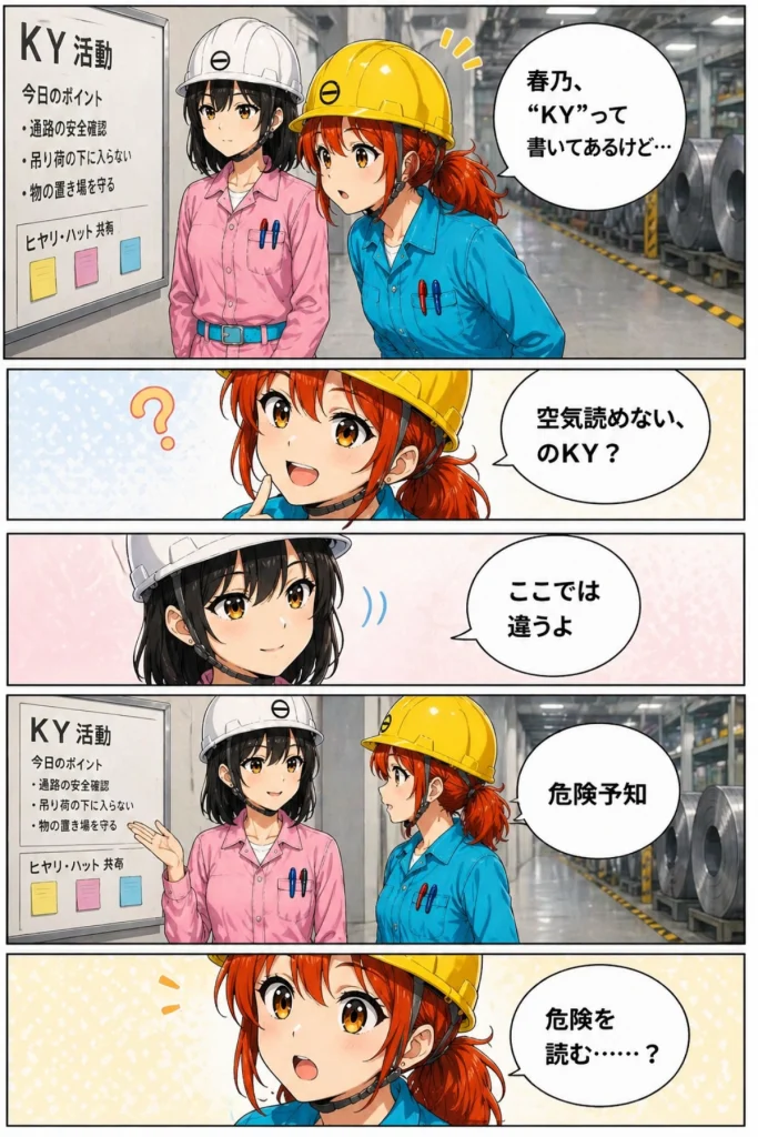 工場でKY活動について説明する春乃と秋乃の漫画シーン