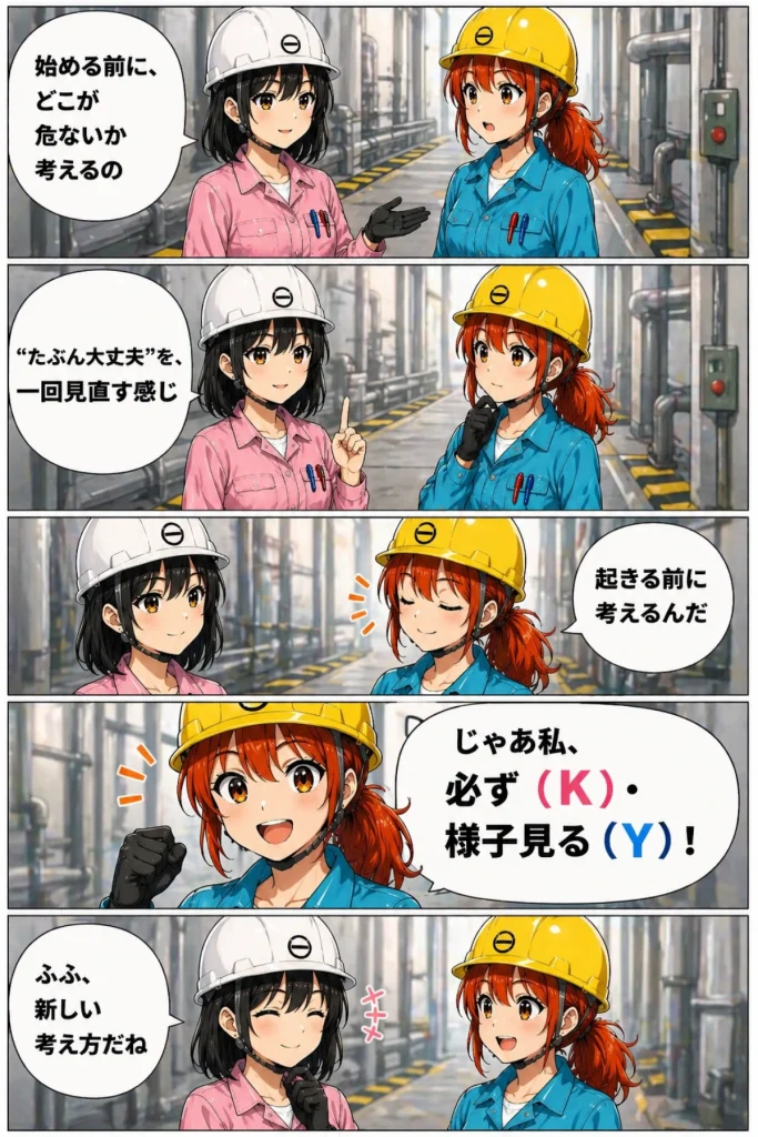 KYの意味を勘違いする秋乃に対して春乃が危険予知と説明する漫画シーン