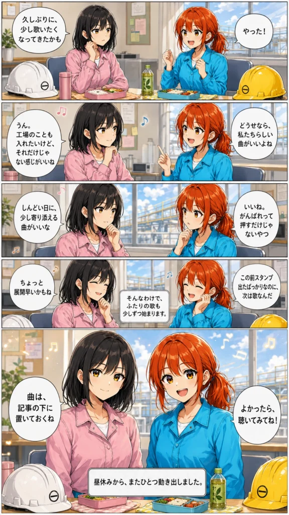 異世界工場に咲くふたり第0013話後半の漫画画像。昼休みの休憩所で、春乃と秋乃が自分たちらしい曲について話し、ふたりの歌が少しずつ始まることをやさしく伝えている場面。