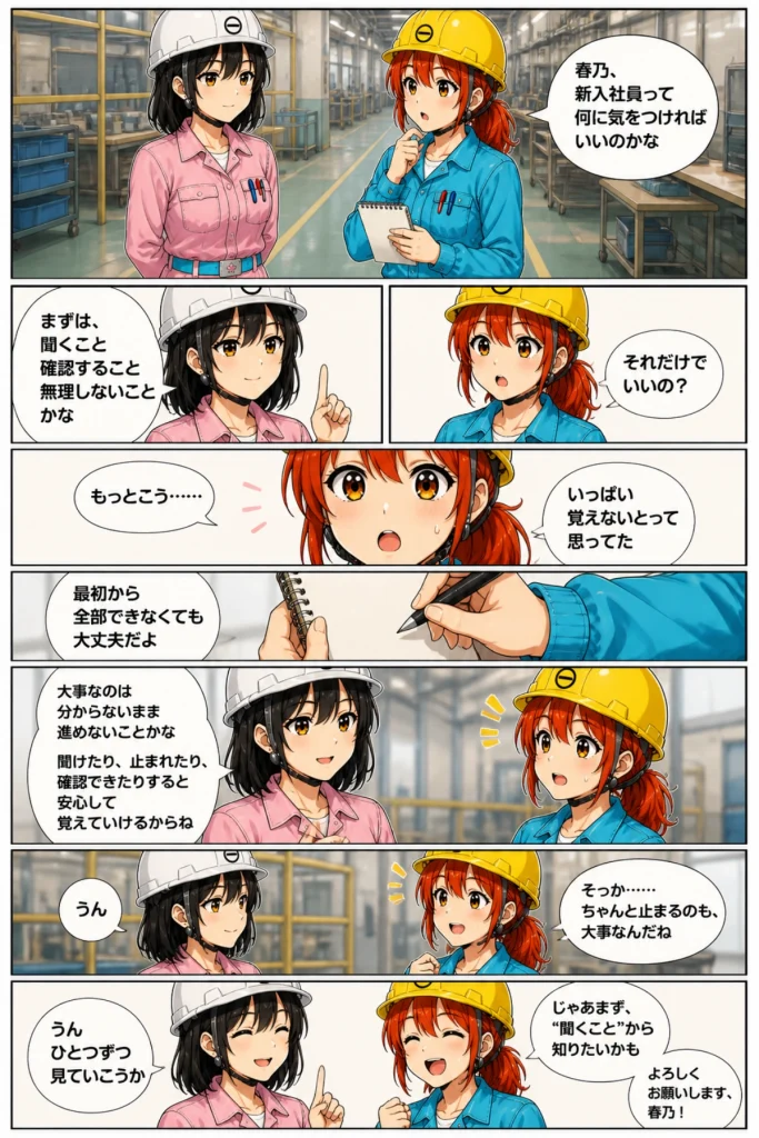 新入社員が分からないまま進めない大切さを黒川春乃と白石秋乃が工場で話す漫画