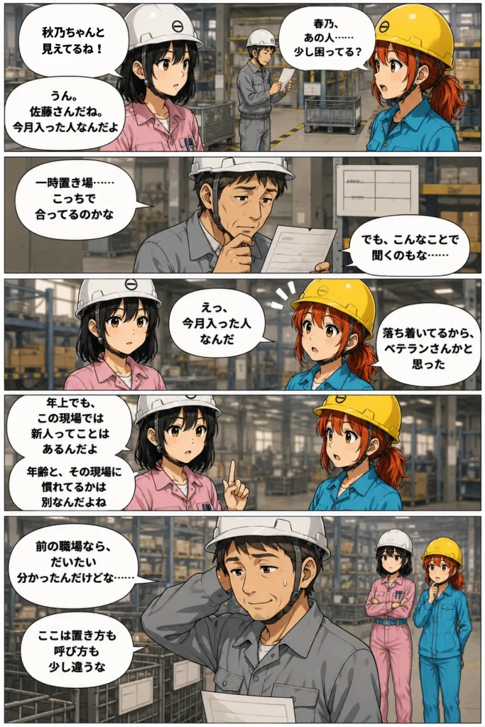 異世界工場に咲くふたり第0010話「年上でも、新人」の前半漫画画像。春乃と秋乃が、置き場付近で伝票を見ながら迷っている年上の中途入社新人・佐藤さんに気づく場面。