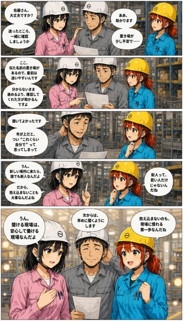 異世界工場に咲くふたり第0010話「年上でも、新人」の後半漫画画像。春乃と秋乃と佐藤さんが、置き場を一緒に確認し、新しい場所では誰でも新人だと話している場面。