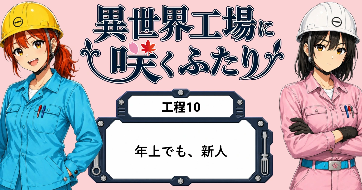 異世界工場に咲くふたり第0010話「年上でも、新人」のアイキャッチ画像。白石秋乃と黒川春乃が左右に配置され、中央に「工程10 年上でも、新人」と表示されている。