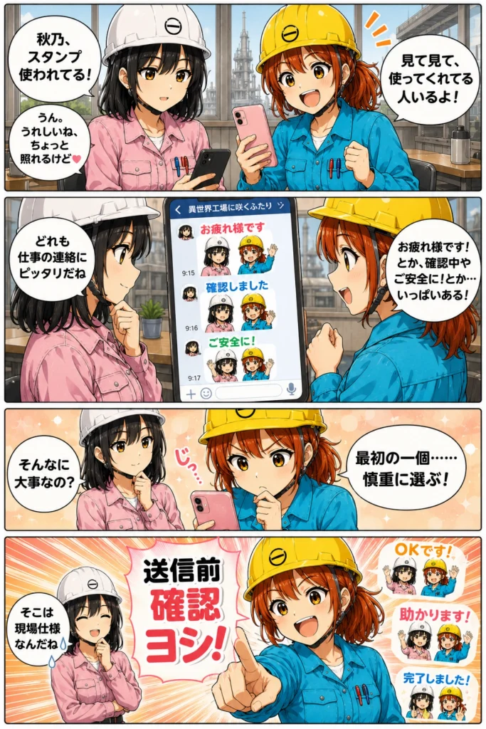 異世界工場に咲くふたり第0011話「LINEスタンプって発売されたって本当？」の漫画1枚目。春乃と秋乃がLINEスタンプ発売を知り、スマホを見ながら喜んでいる場面。