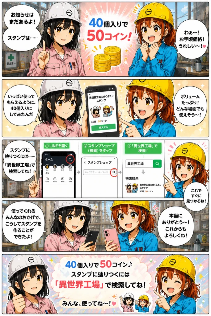 異世界工場に咲くふたり第0011話「LINEスタンプって発売されたって本当？」の漫画2枚目。40個入り50コインのLINEスタンプ紹介と、「異世界工場」で検索する案内をしている場面。
