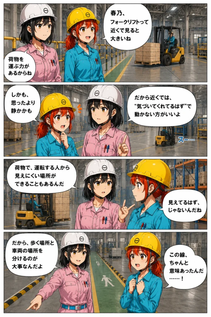 異世界工場に咲くふたり第0012話前半。春乃と秋乃がフォークリフトの見えにくさや安全通路について話している場面。