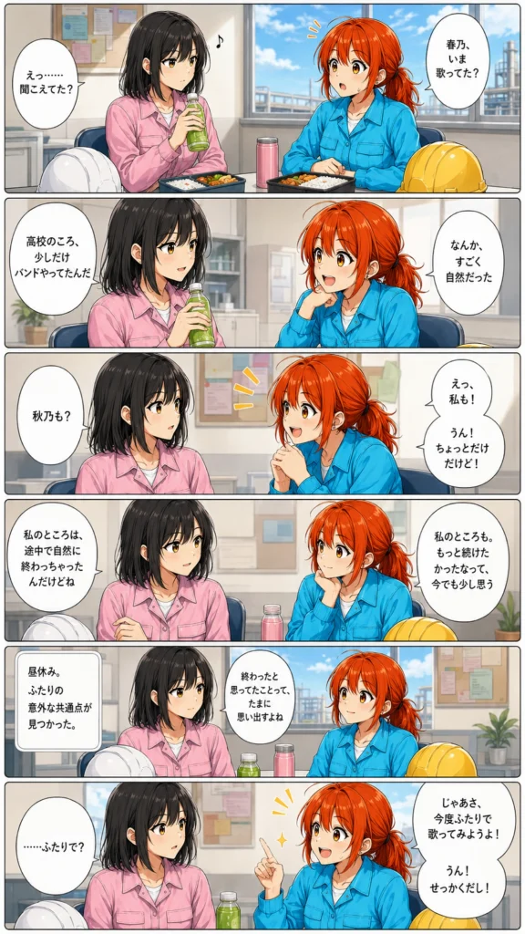 異世界工場に咲くふたり第0013話前半の漫画画像。昼休みの休憩所で、春乃の鼻歌に秋乃が気づき、ふたりが高校時代に少しだけバンドをしていた共通点を見つける場面。