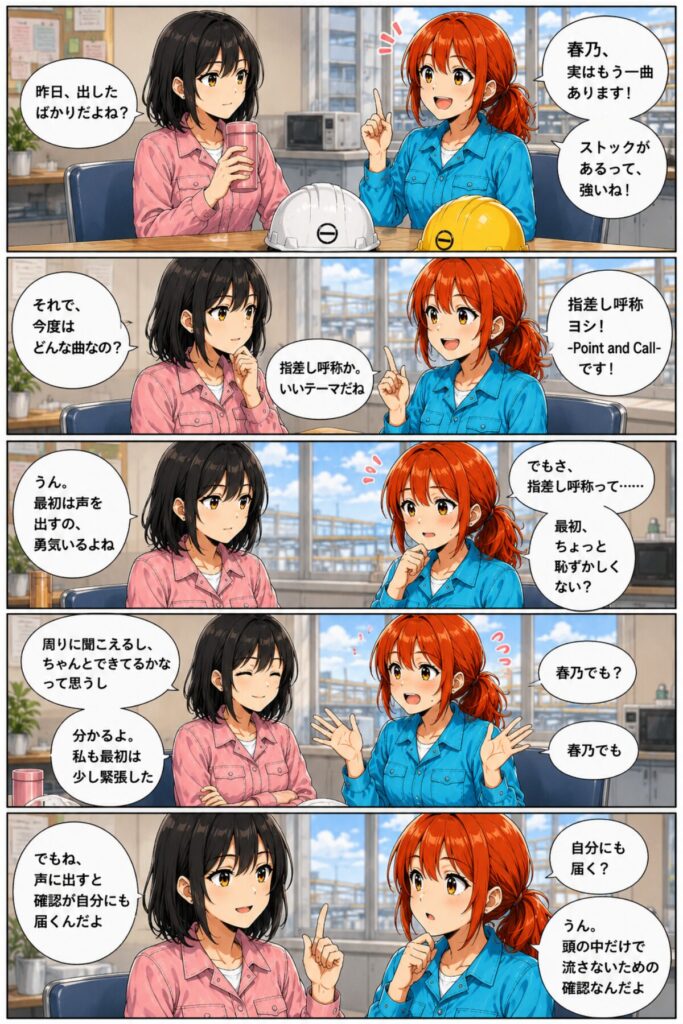 異世界工場に咲くふたり第0014話前半の漫画画像。昼休みの休憩所で、春乃と秋乃が指差し呼称は最初少し恥ずかしいという話をしている場面。