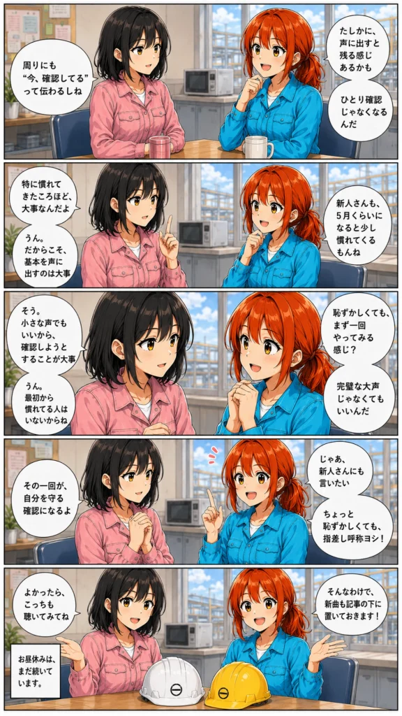 異世界工場に咲くふたり第0014話後半の漫画画像。春乃と秋乃が、指差し呼称は声に出すことで自分にも周りにも確認が届くと話している場面。