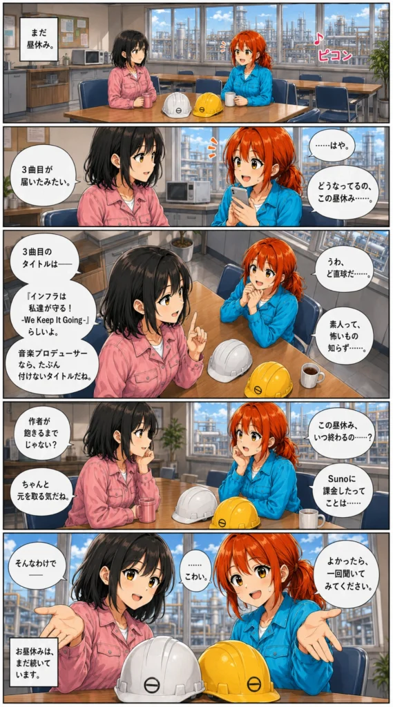 異世界工場に咲くふたり第0015話の漫画画像。昼休みの休憩所で、春乃と秋乃が3曲目「インフラは私達が守る！ -We Keep It Going-」について話している場面。