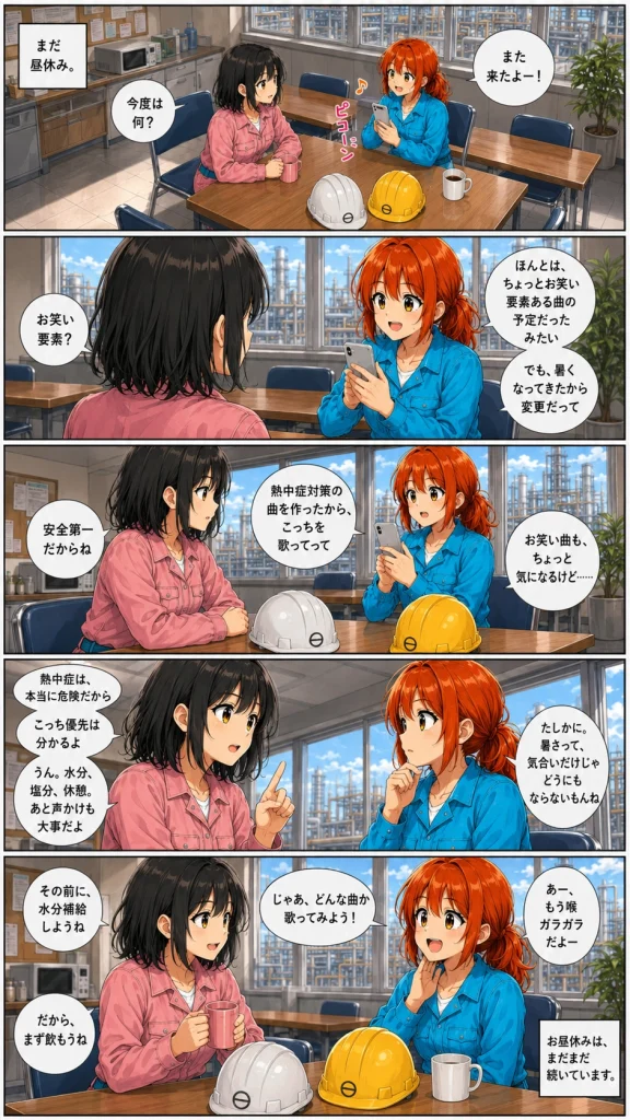 異世界工場に咲くふたり第0016話の漫画画像。昼休みの休憩所で、春乃と秋乃が熱中症対策ソングについて話し、水分補給や休憩の大切さに触れている場面。