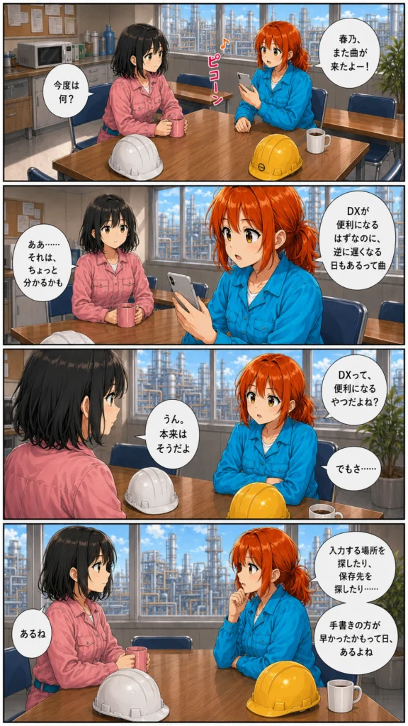 異世界工場に咲くふたり第0017話前半の漫画画像。昼休みの休憩所で、秋乃がスマホに届いたDXの曲について春乃に話している場面。