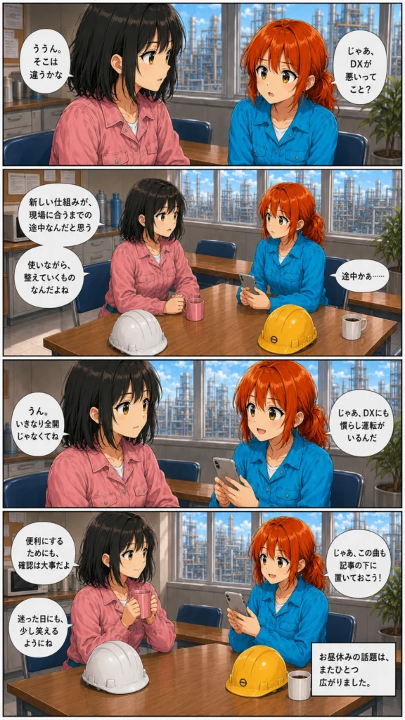 異世界工場に咲くふたり第0017話後半の漫画画像。春乃と秋乃が、DXは悪いものではなく現場に合うまで整えていくものだと話している場面。