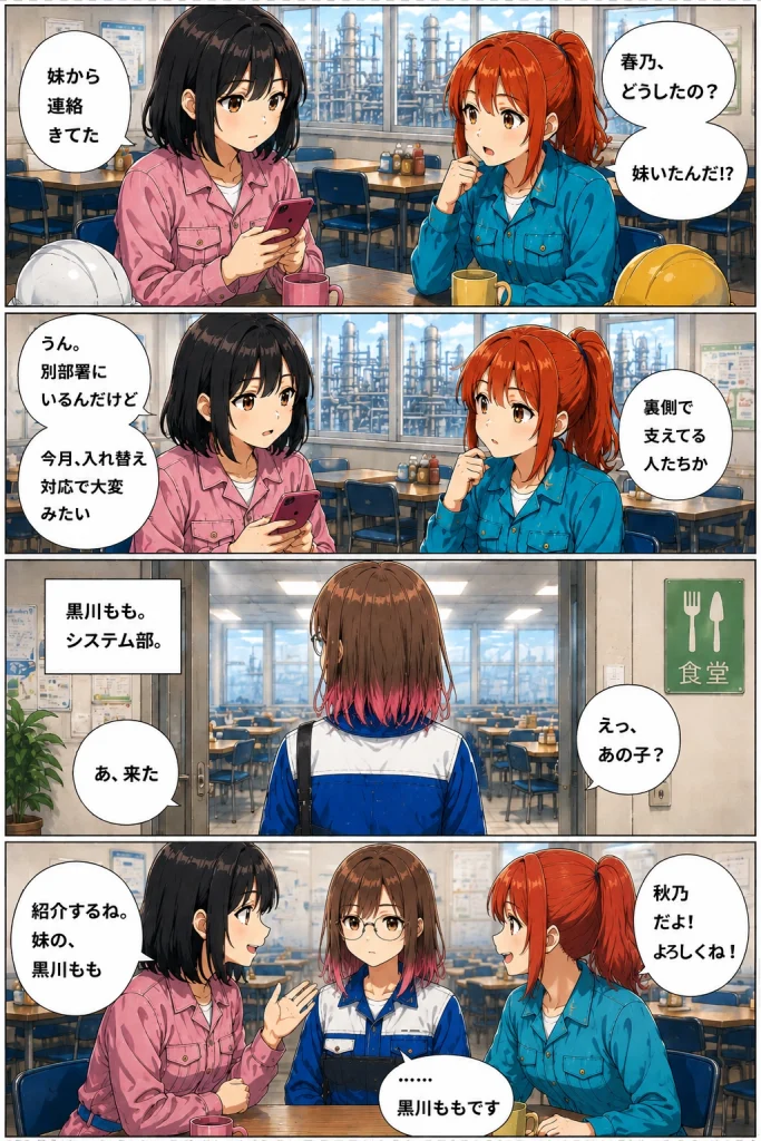 食堂で春乃が妹から連絡が来たことを秋乃に伝え、システム部の黒川ももを紹介する漫画画像。