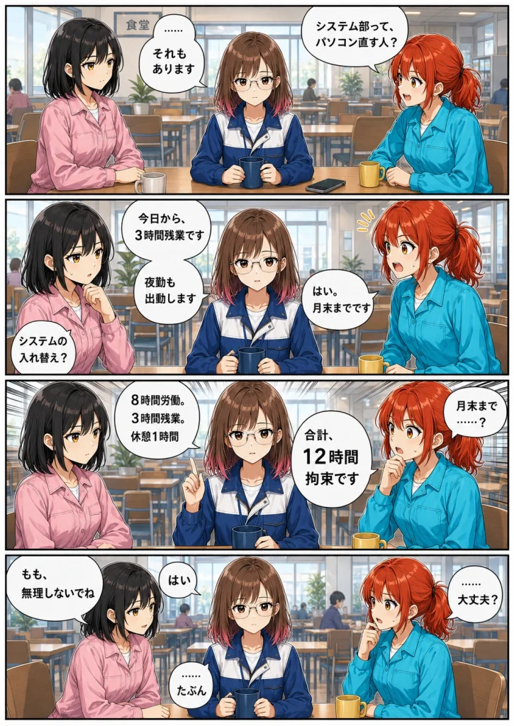 食堂で黒川ももがシステム部の仕事と、システム入れ替えによる3時間残業や12時間拘束について淡々と説明する漫画画像。