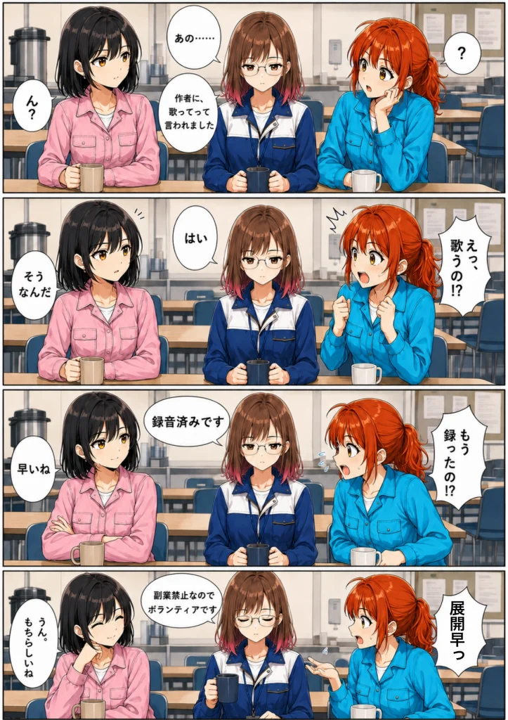 食堂で黒川ももが作者に歌ってと言われたこと、すでに録音済みであることを淡々と話し、秋乃が驚く漫画画像。