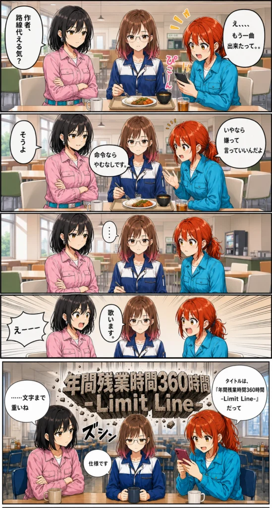 異世界工場に咲くふたり第0019話の漫画画像。食堂で黒川ももが新曲を歌うことになり、年間残業時間360時間という重いタイトルに春乃と秋乃が反応する場面。