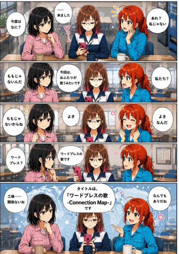 異世界工場に咲くふたり第0020話の漫画画像。食堂で黒川ももに通知が届き、春乃と秋乃がワードプレスの歌を歌うことになる場面。