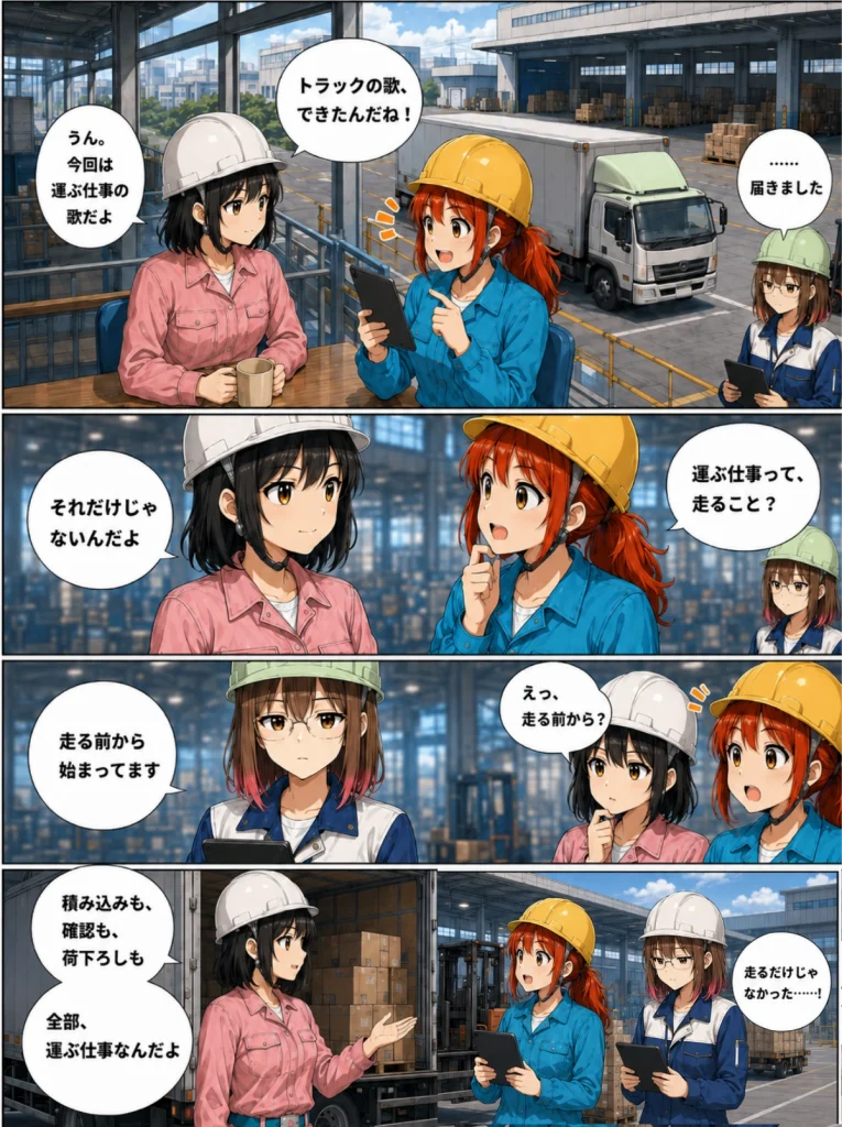 異世界工場に咲くふたり第0021話「運ぶ仕事って、走るだけじゃないの？」前半の漫画画像。春乃、秋乃、ももが、トラックの歌と運ぶ仕事について話している場面。
