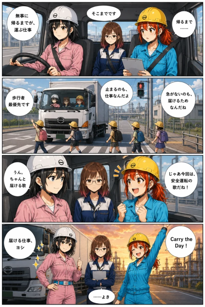 異世界工場に咲くふたり第0021話「運ぶ仕事って、走るだけじゃないの？」後半の漫画画像。春乃、秋乃、ももが、歩行者最優先や安全運転、無事に帰るまでが運ぶ仕事だと話している場面。