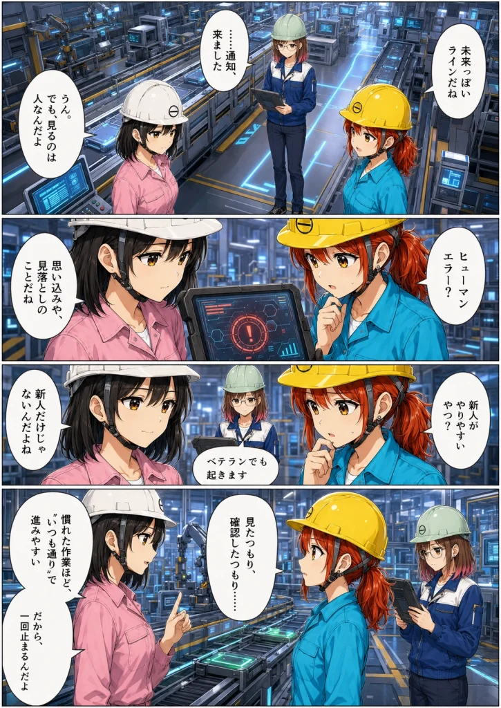 異世界工場に咲くふたり第0022話「ヒューマンエラーって、誰にでも起きるの?」前半の漫画画像。春乃、秋乃、ももが未来的な工場ラインで、ヒューマンエラーや思い込み、見落としについて話している場面。