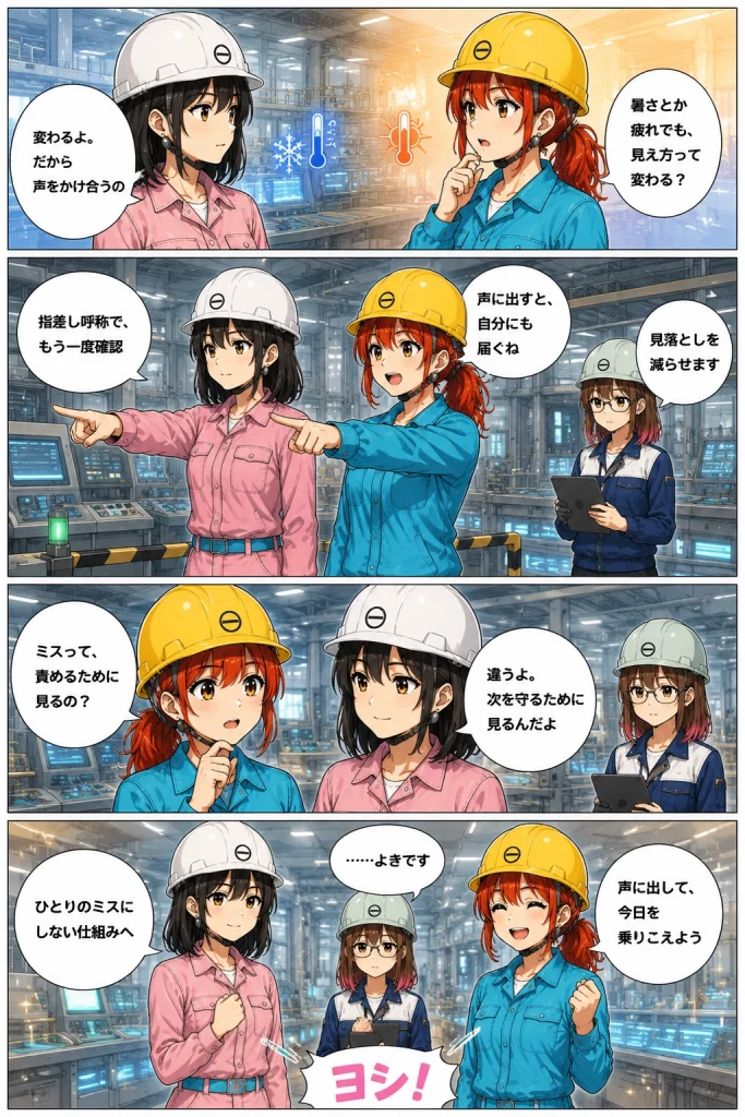異世界工場に咲くふたり第0022話「ヒューマンエラーって、誰にでも起きるの?」後半の漫画画像。春乃、秋乃、ももが指差し呼称や声かけ、責めるためではなく守るための確認について話している場面。