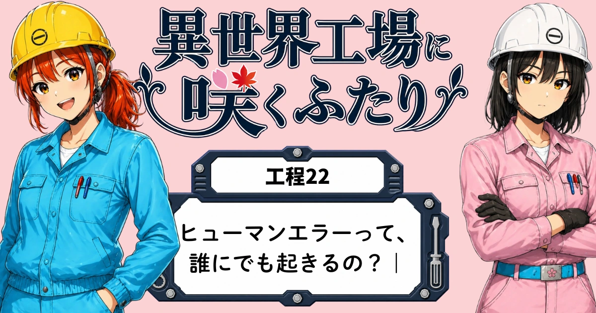 異世界工場に咲くふたり第0022話「ヒューマンエラーって、誰にでも起きるの？」のアイキャッチ画像。春乃、秋乃、ももが未来的な工場ラインで、思い込みや見落とし、声かけ確認について考えるHuman Error関連回のビジュアル。