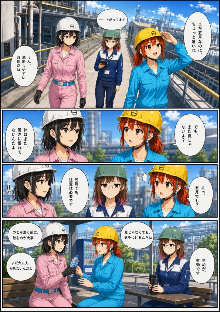 異世界工場に咲くふたり第0023話「まだ夏じゃないのに、暑さ対策するの？」前半の漫画画像。春乃、秋乃、ももが5月の工場外通路で、まだ夏ではない時期の暑さ対策について話している場面。