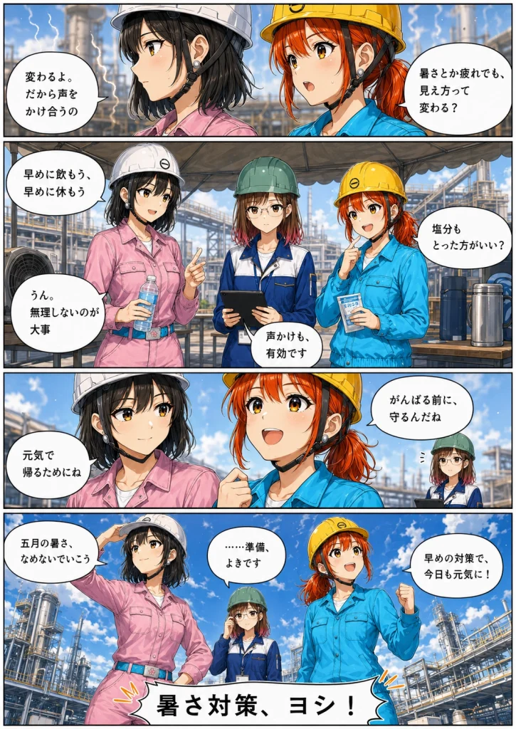 異世界工場に咲くふたり第0023話「まだ夏じゃないのに、暑さ対策するの？」後半の漫画画像。春乃、秋乃、ももが日陰で水分補給や休憩、声かけの大切さを話している場面。