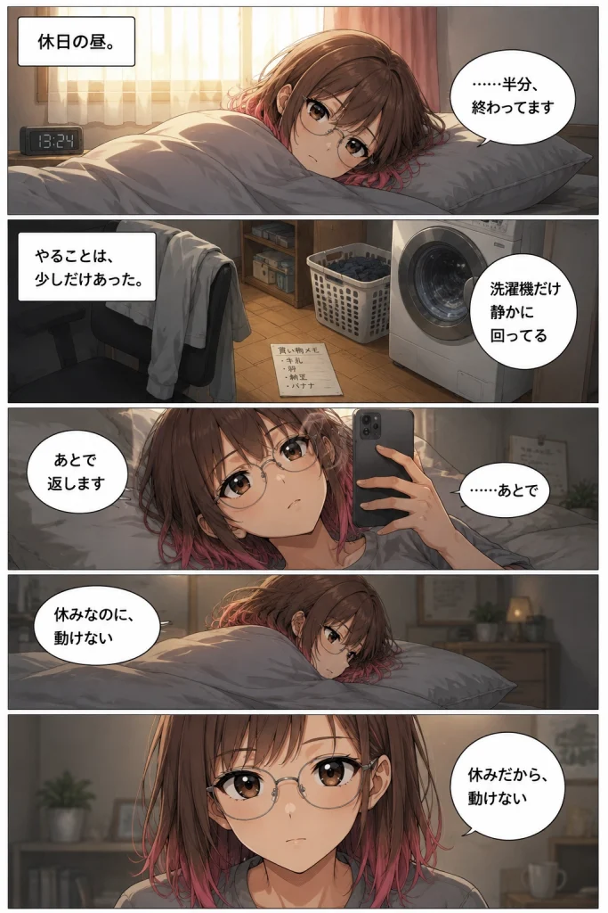 異世界工場に咲くふたり第0025話「ももの休日って、休めてる？」1枚目。休日の昼、黒川ももが部屋で目を覚まし、動けないまま時間が過ぎていく場面。