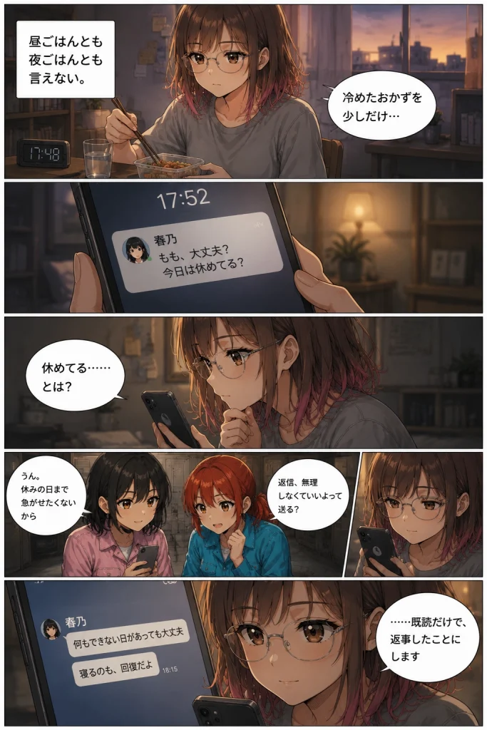異世界工場に咲くふたり第0025話「ももの休日って、休めてる？」2枚目。夕方、黒川ももがスマホの通知を見て、春乃と秋乃の言葉に少しだけ救われる場面。
