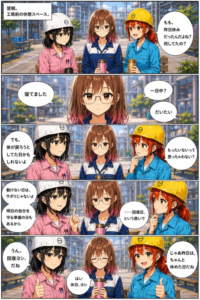 異世界工場に咲くふたり第0025話「ももの休日って、休めてる？」3枚目。翌朝の工場前で、春乃、秋乃、ももが休みと回復について話す場面。