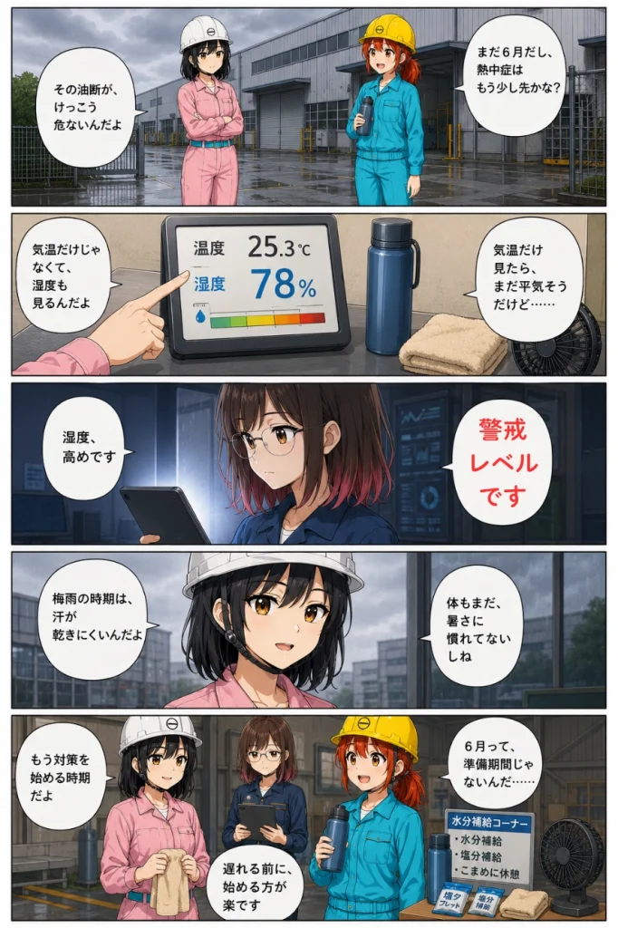 異世界工場に咲くふたり第0026話「6月なのに、もう熱中症？」の1枚目漫画画像。春乃、秋乃、ももが6月の湿度や暑さへの油断について話している場面。