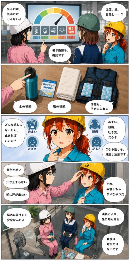異世界工場に咲くふたり第0026話「6月なのに、もう熱中症？」の2枚目漫画画像。春乃、秋乃、ももが暑さ指数、水分補給、塩分補給、休憩、体調変化について話している場面。