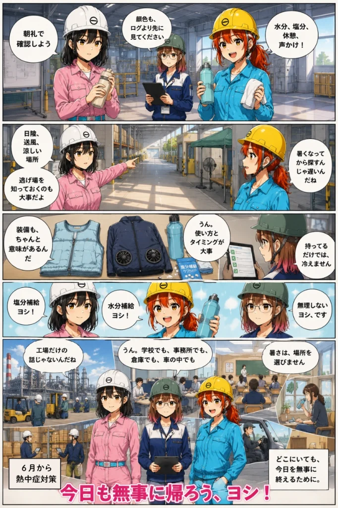 異世界工場に咲くふたり第0026話「6月なのに、もう熱中症？」の3枚目漫画画像。春乃、秋乃、ももが水分補給や休憩、無理をしないことを確認し、工場、学校、事務所、倉庫、車内にも通じる熱中症対策を話している場面。