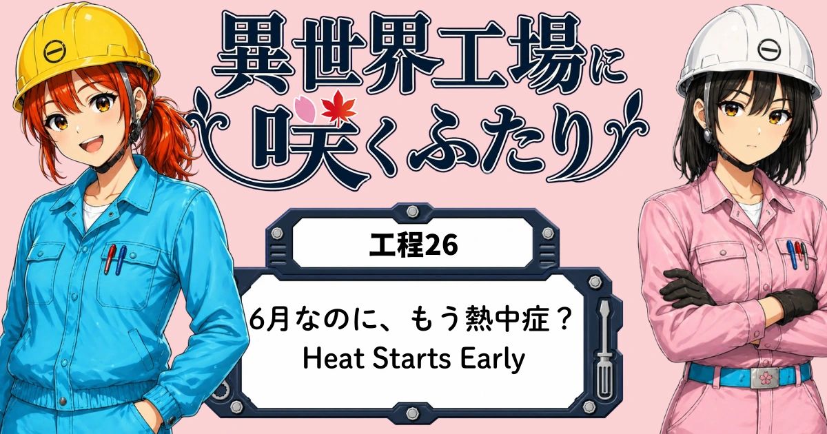 異世界工場に咲くふたり第0026話「6月なのに、もう熱中症？」のアイキャッチ画像。春乃、秋乃、ももが6月の熱中症対策について話している場面。